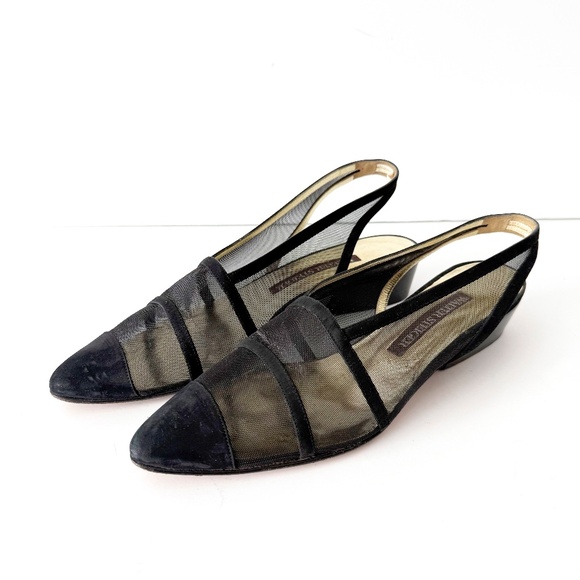 size 8 aa 1990s vintage black kitten heel sling backs sheer - Picture 1 of 7
